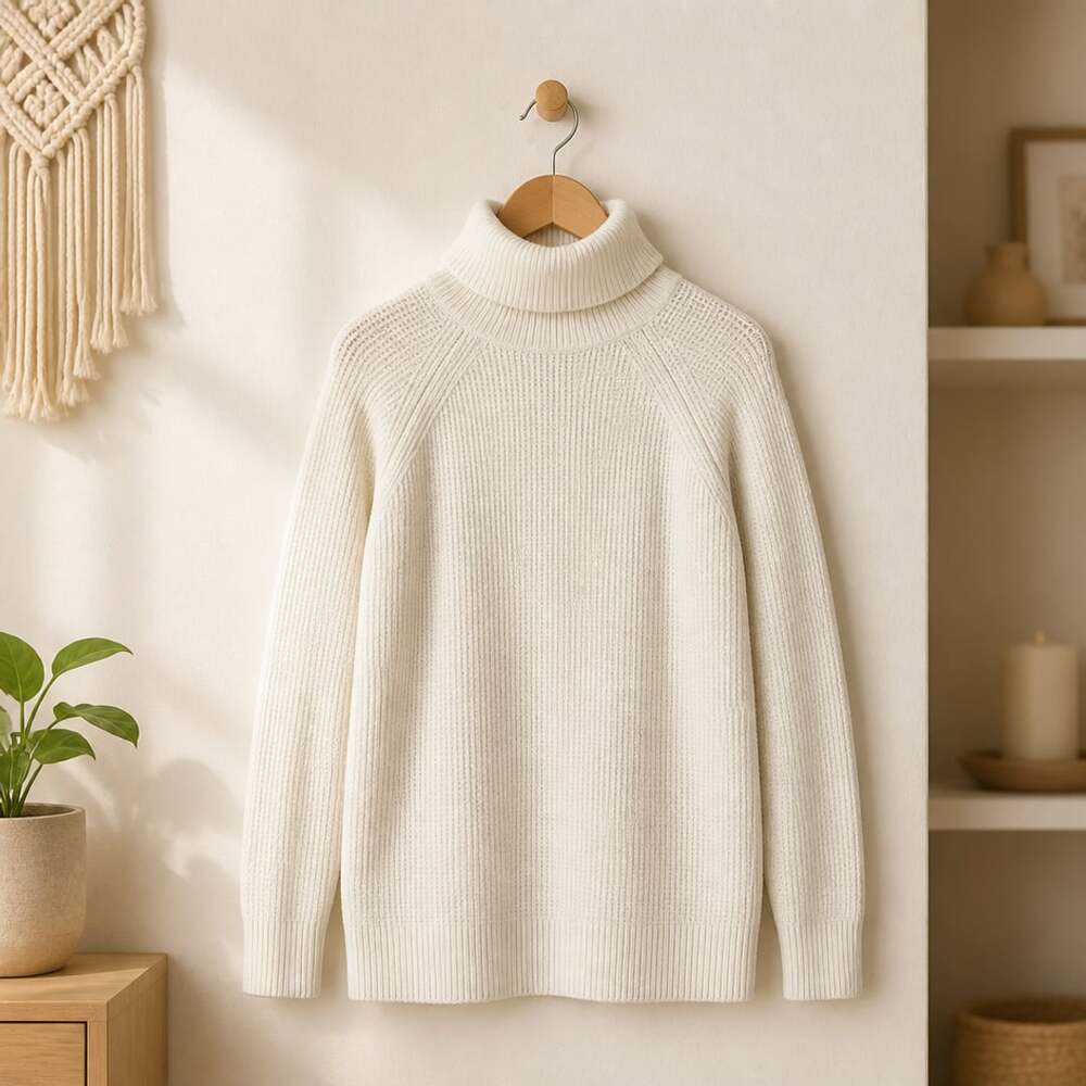 LOFT Turtleneck Sweater Size L White Ribbed Knit Pullover